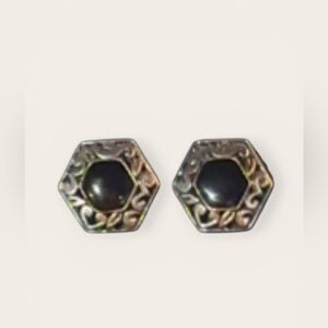 Hexagon Silver-Tone Black Center Stud Earrings
